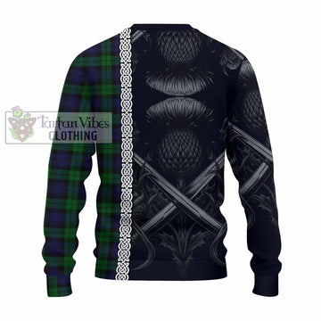 Tartan Vibes Clothing Black Watch Tartan Knitted Sweater with Family Crest Cross Sword Thistle Celtic Vibes