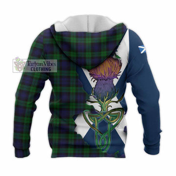 Black Watch Tartan Family Crest Knitted Hoodie Scottish Thistle Celtic Inspired