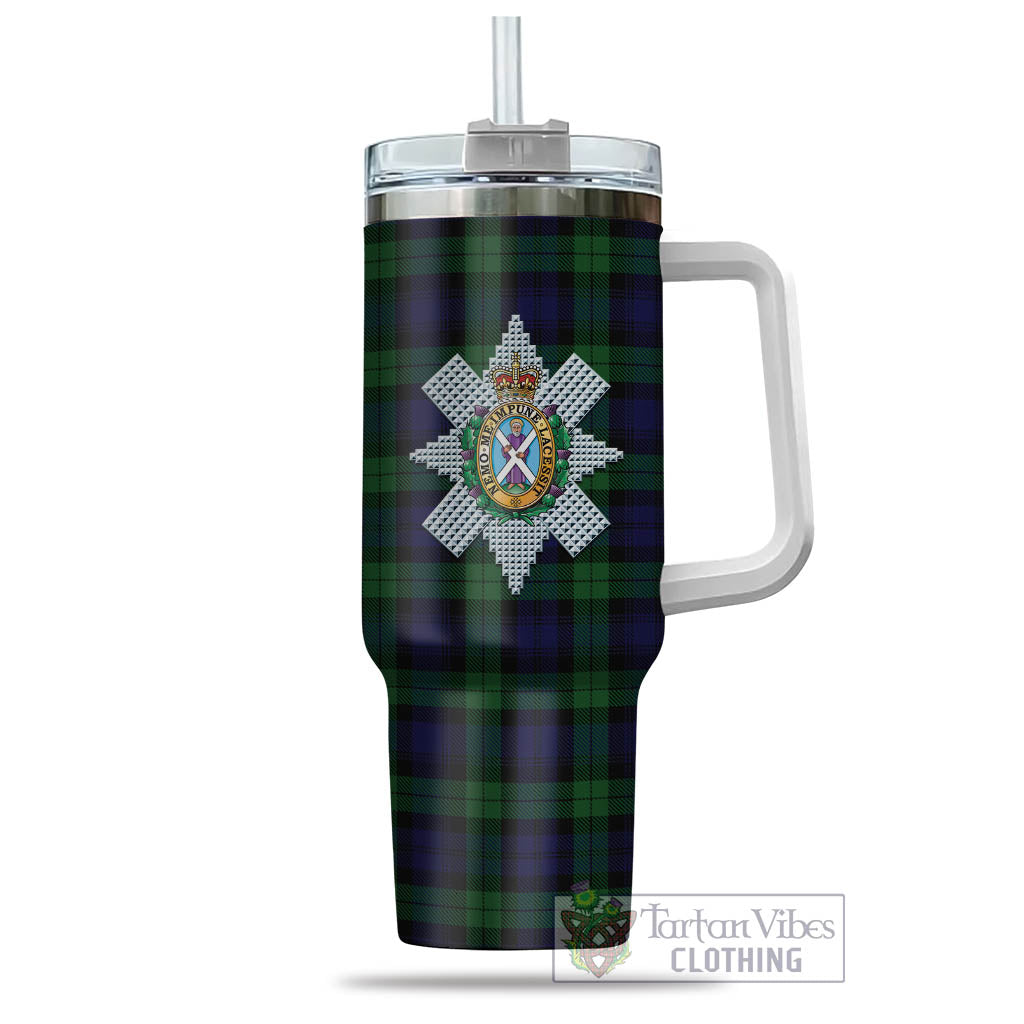 Tartan Vibes Clothing Black Watch Tartan and Family Crest Tumbler with Handle