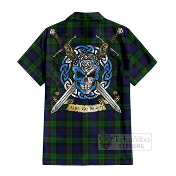 Black Watch Tartan Hawaiian Shirt with Family Crest Celtic Skull Style