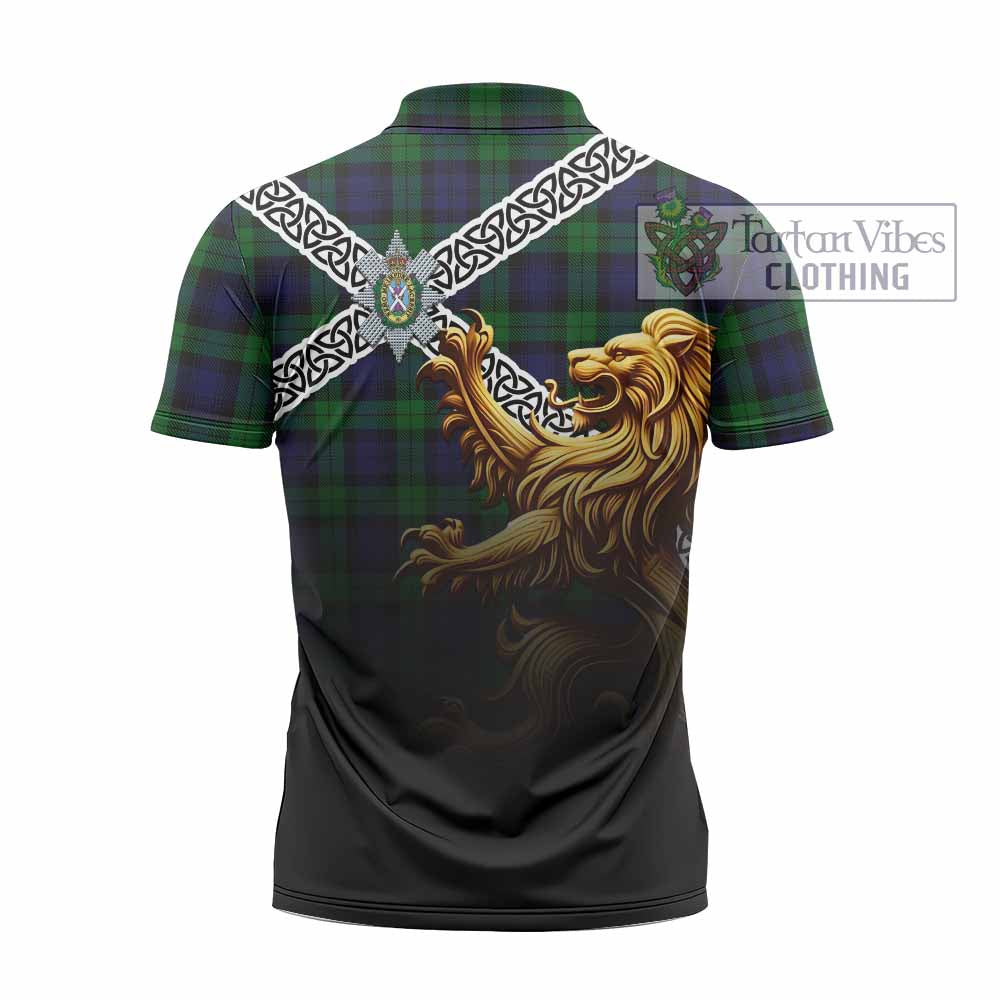 Tartan Vibes Clothing Black Watch Crest Tartan Zipper Polo Shirt with Golden Lion Emblem Celtic Style