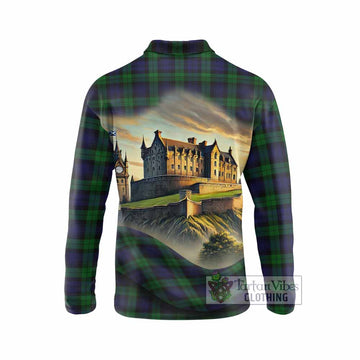 Tartan Vibes Clothing Black Watch Tartan Family Crest Long Sleeve Polo Shirt with Scottish Ancient Castle Style