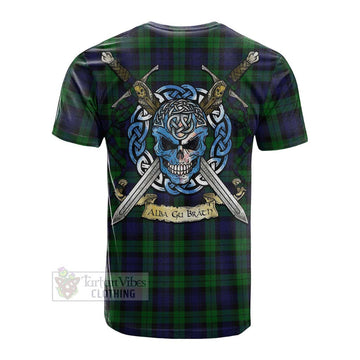 Tartan Vibes Clothing Black Watch Tartan Cotton T-shirt with Family Crest Celtic Skull Style
