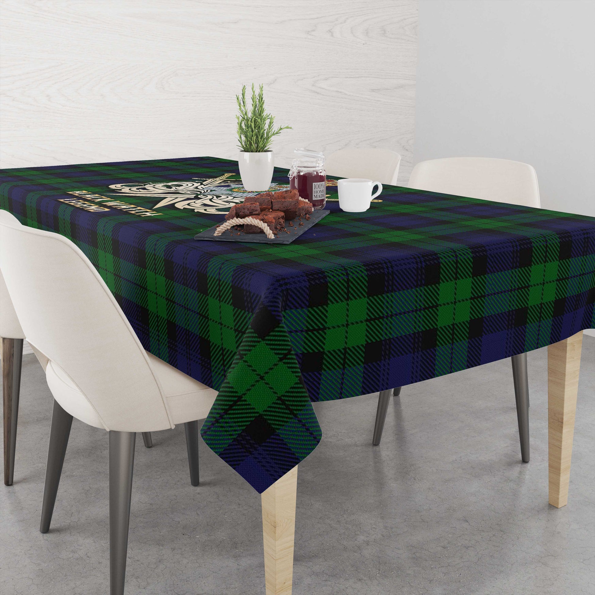 Tartan Vibes Clothing Black Watch Tartan Tablecloth with Clan Crest and the Golden Sword of Courageous Legacy