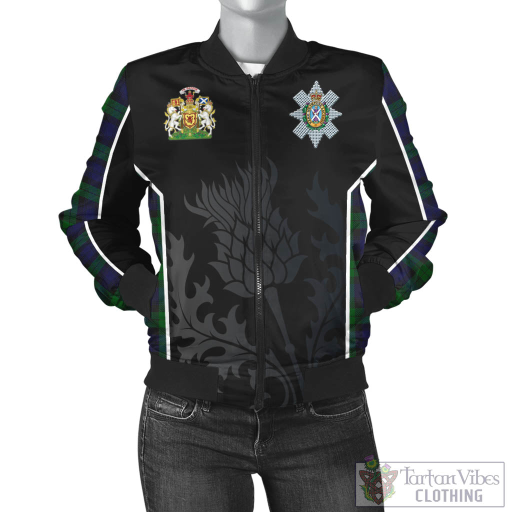 Tartan Vibes Clothing Black Watch Tartan Bomber Jacket with Family Crest and Scottish Thistle Vibes Sport Style
