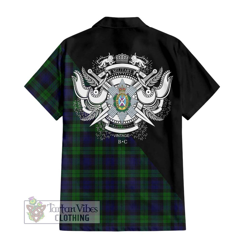 Black Watch Tartan Short Sleeve Button Shirt with Family Crest and Military Logo Style - Tartanvibesclothing Shop