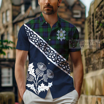Black Watch Tartan Hawaiian Shirt Featuring Thistle and Scotland Map