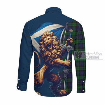 Tartan Vibes Clothing Black Watch Tartan Family Crest Long Sleeve Button Shirt with Scottish Majestic Lion