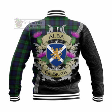 Tartan Vibes Clothing Black Watch Tartan Family Crest Baseball Jacket Lion Rampant Royal Thistle Shield Celtic Inspired