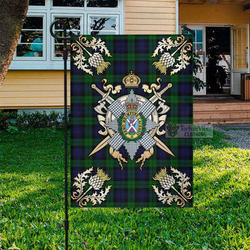 Black Watch Tartan Garden Flag with Family Crest and Golden Thistle Crossed Sword Design
