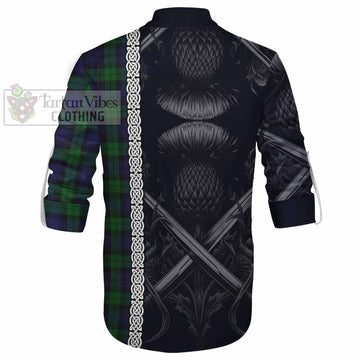 Tartan Vibes Clothing Black Watch Tartan Ghillie Kilt Shirt with Family Crest Cross Sword Thistle Celtic Vibes