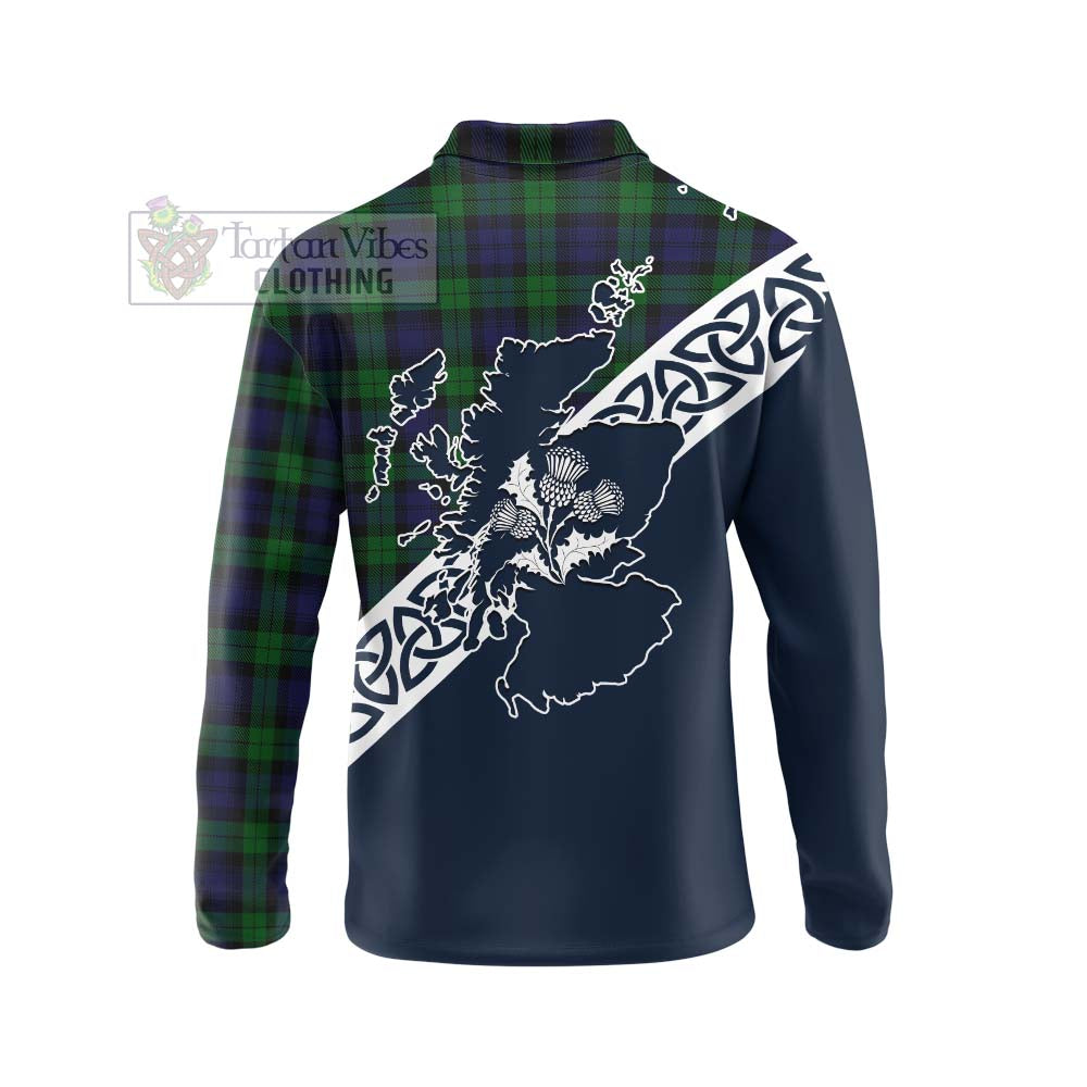 Black Watch Tartan Long Sleeve Polo Shirt Featuring Thistle and Scotland Map - Tartan Vibes Clothing