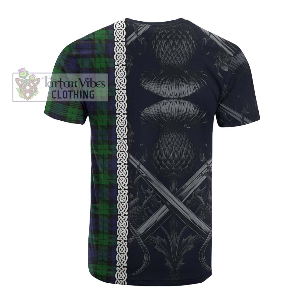 Tartan Vibes Clothing Black Watch Tartan Cotton T-shirt with Family Crest Cross Sword Thistle Celtic Vibes