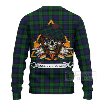 Tartan Vibes Clothing Black Watch Tartan Knitted Sweater with Family Crest and Bearded Skull Holding Bottles of Whiskey