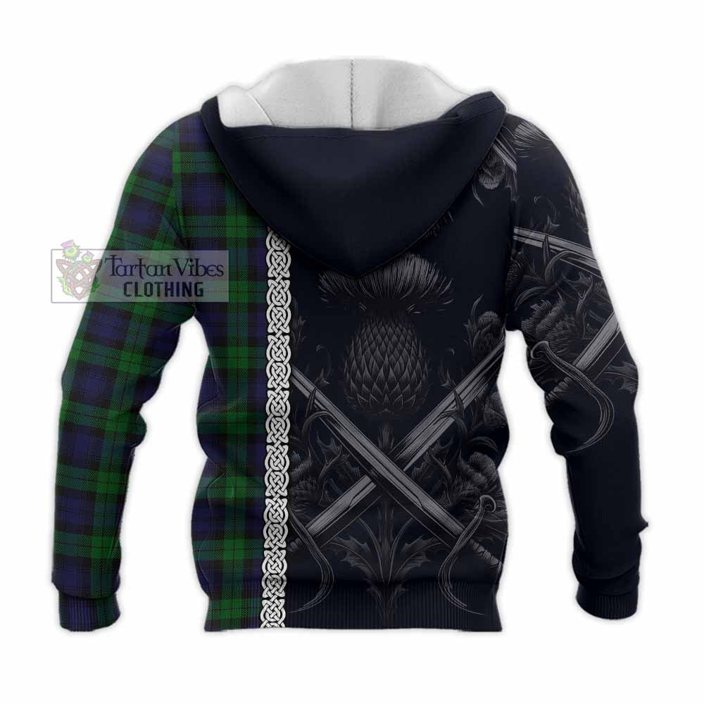 Tartan Vibes Clothing Black Watch Tartan Knitted Hoodie with Family Crest Cross Sword Thistle Celtic Vibes