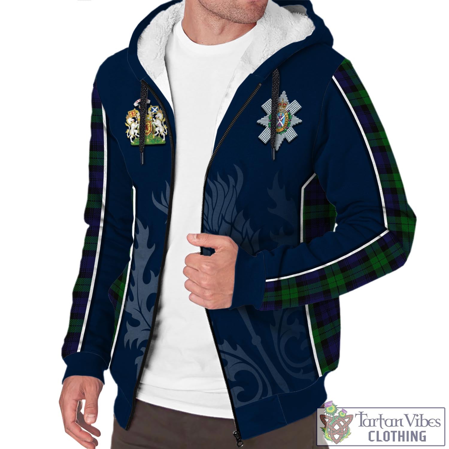 Tartan Vibes Clothing Black Watch Tartan Sherpa Hoodie with Family Crest and Scottish Thistle Vibes Sport Style