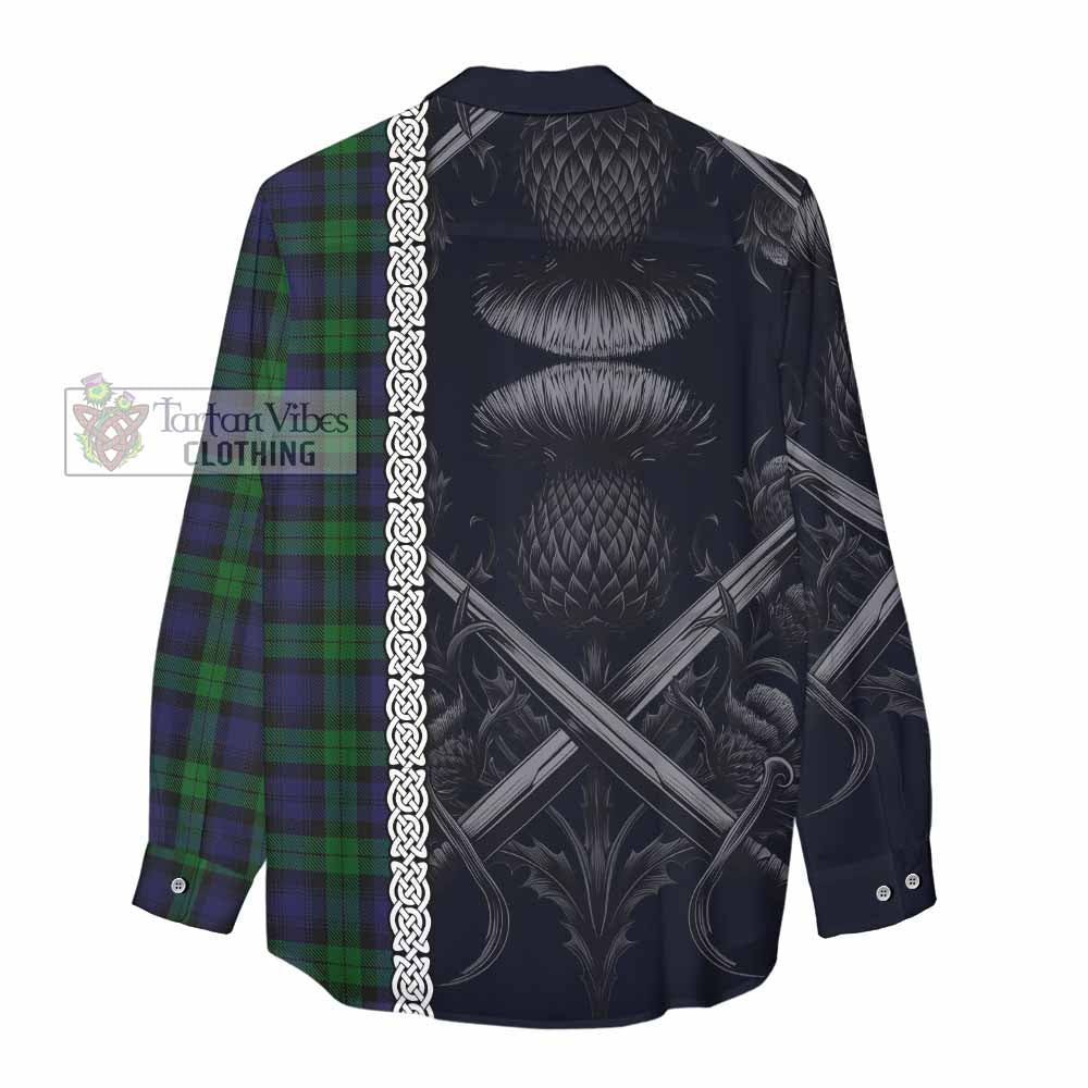 Tartan Vibes Clothing Black Watch Tartan Women's Casual Shirt with Family Crest Cross Sword Thistle Celtic Vibes