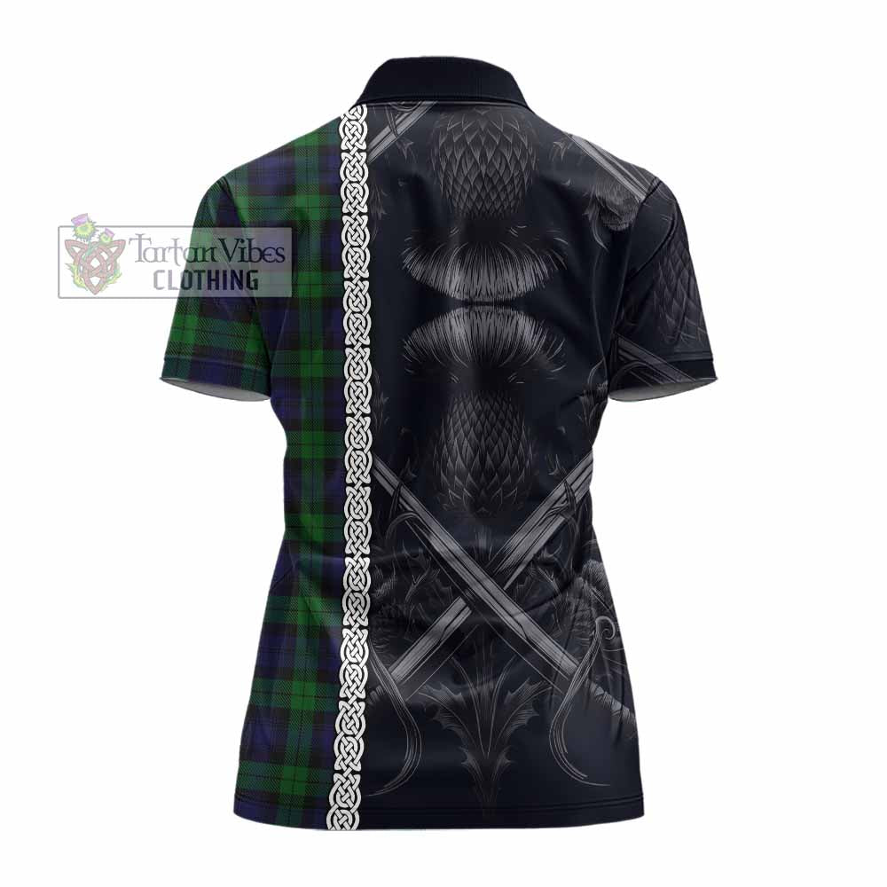 Tartan Vibes Clothing Black Watch Tartan Women's Polo Shirt with Family Crest Cross Sword Thistle Celtic Vibes