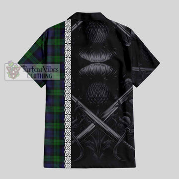 Tartan Vibes Clothing Black Watch Tartan Short Sleeve Button Shirt with Family Crest Cross Sword Thistle Celtic Vibes