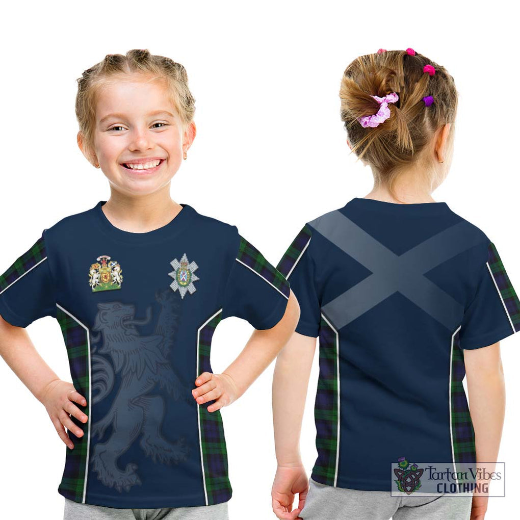 Black Watch Tartan Kid T-Shirt with Family Crest and Lion Rampant Vibes Sport Style - Tartan Vibes Clothing