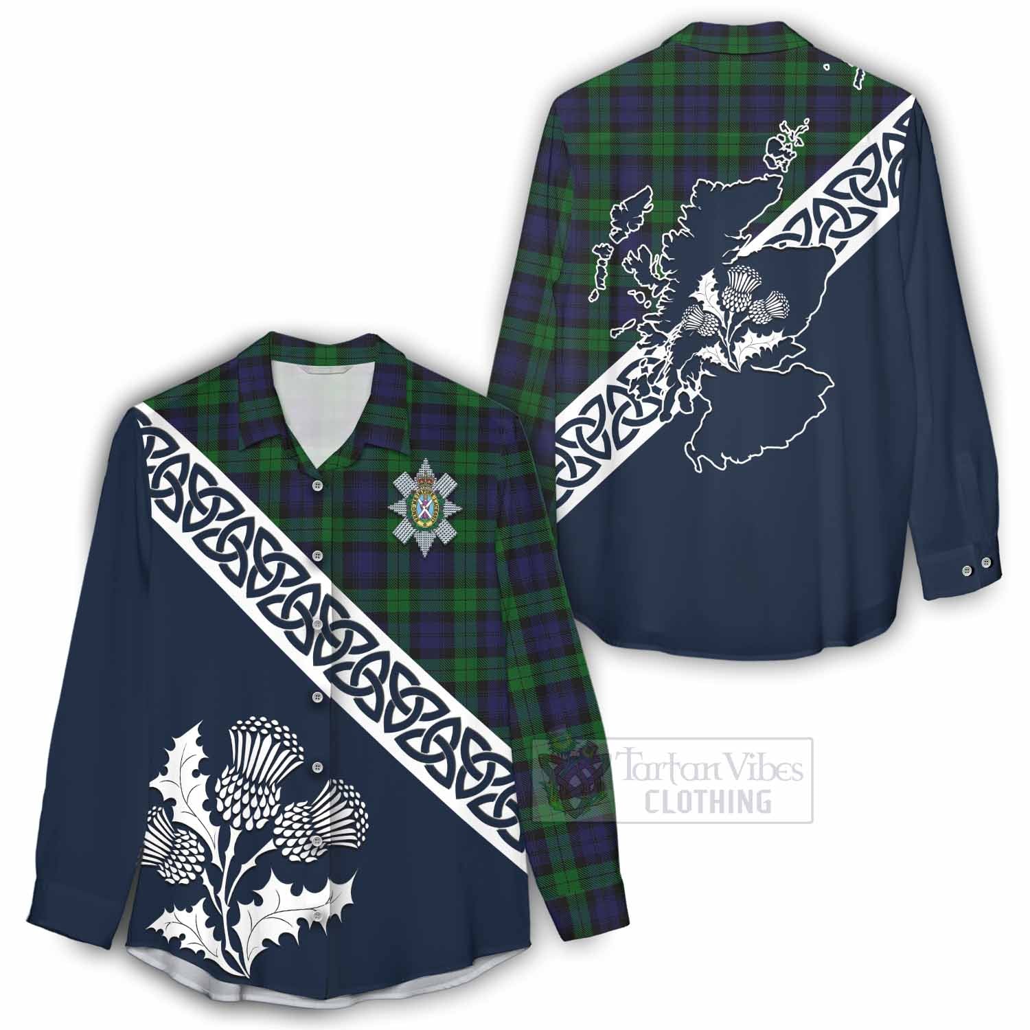 Tartan Vibes Clothing Black Watch Tartan Women's Casual Shirt Featuring Thistle and Scotland Map