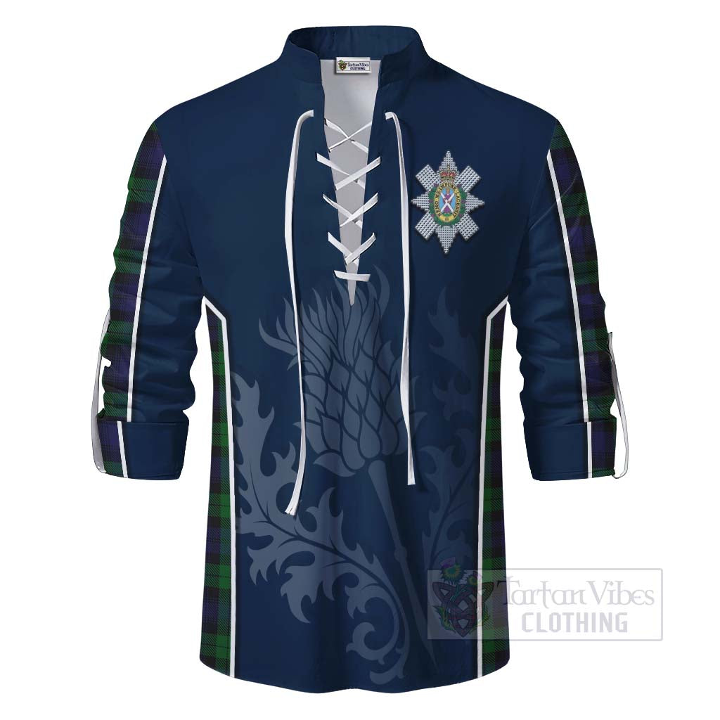 Tartan Vibes Clothing Black Watch Tartan Ghillie Kilt Shirt with Family Crest and Scottish Thistle Vibes Sport Style