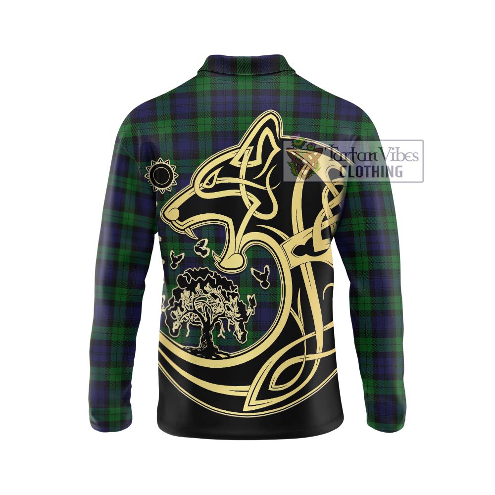 Black Watch Tartan Long Sleeve Polo Shirt with Family Crest Celtic Wolf Style - Tartan Vibes Clothing