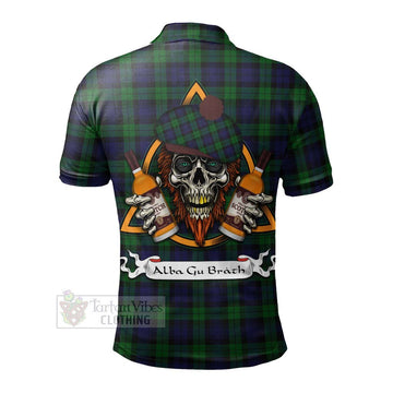 Black Watch Tartan Polo Shirt with Family Crest and Bearded Skull Holding Bottles of Whiskey - Tartan Vibes Clothing