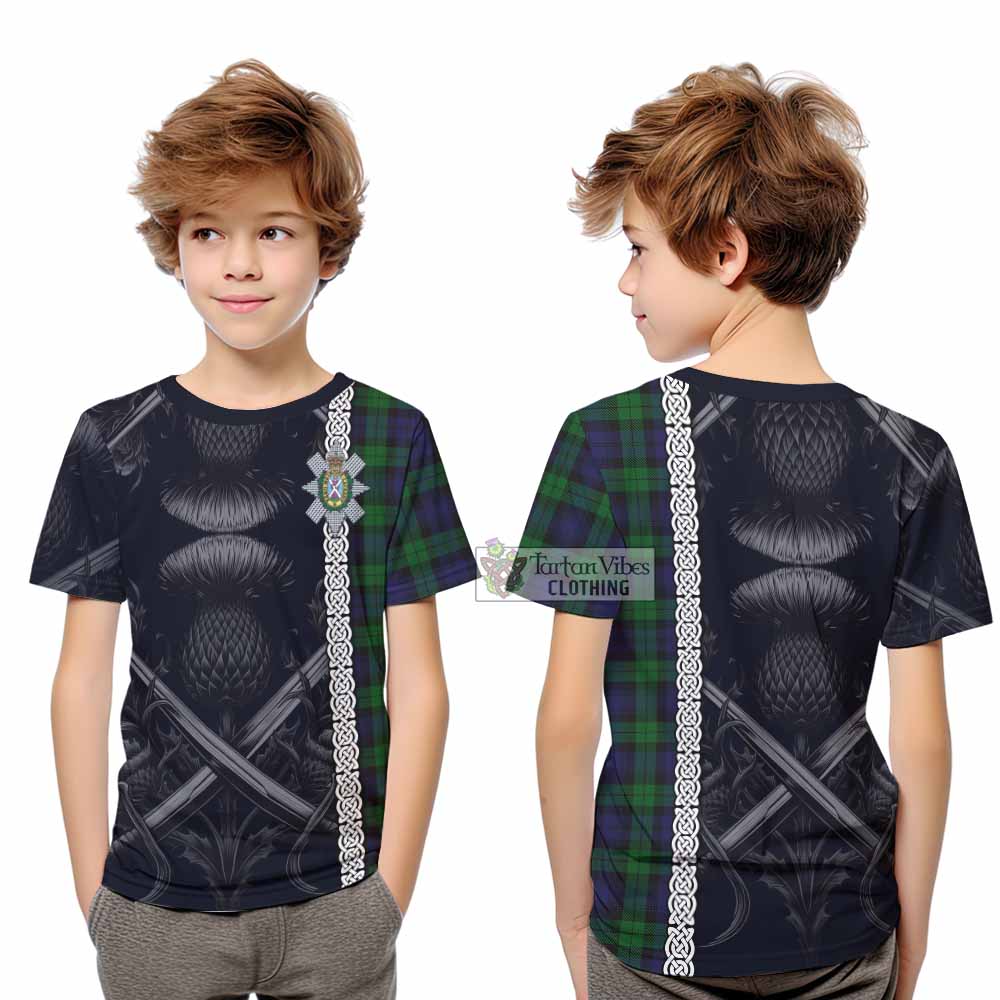 Tartan Vibes Clothing Black Watch Tartan Kid T-Shirt with Family Crest Cross Sword Thistle Celtic Vibes