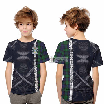 Tartan Vibes Clothing Black Watch Tartan Kid T-Shirt with Family Crest Cross Sword Thistle Celtic Vibes