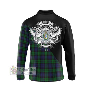 Black Watch Tartan Long Sleeve Polo Shirt with Family Crest and Military Logo Style - Tartan Vibes Clothing
