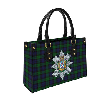Black Watch Tartan Leather Bag with Family Crest