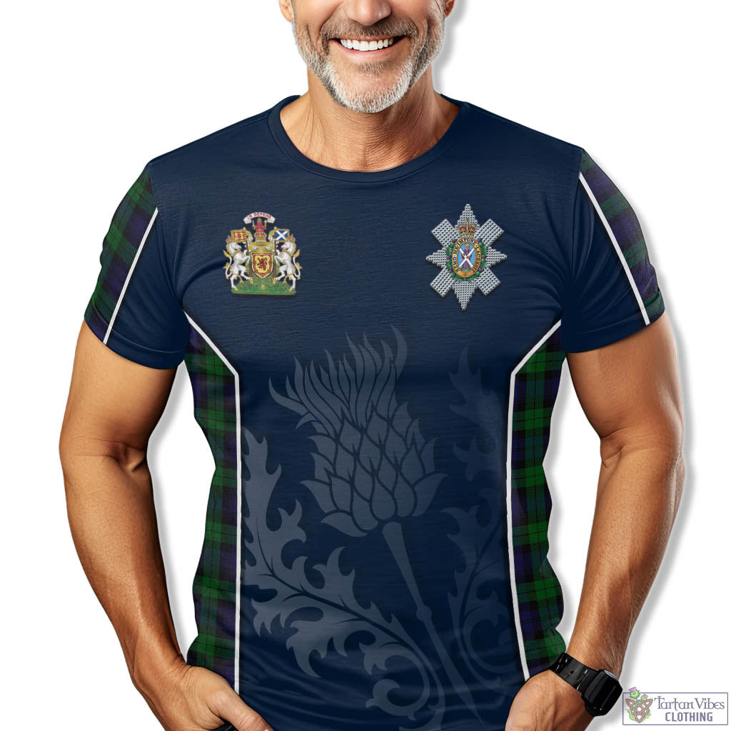 Tartan Vibes Clothing Black Watch Tartan T-Shirt with Family Crest and Scottish Thistle Vibes Sport Style