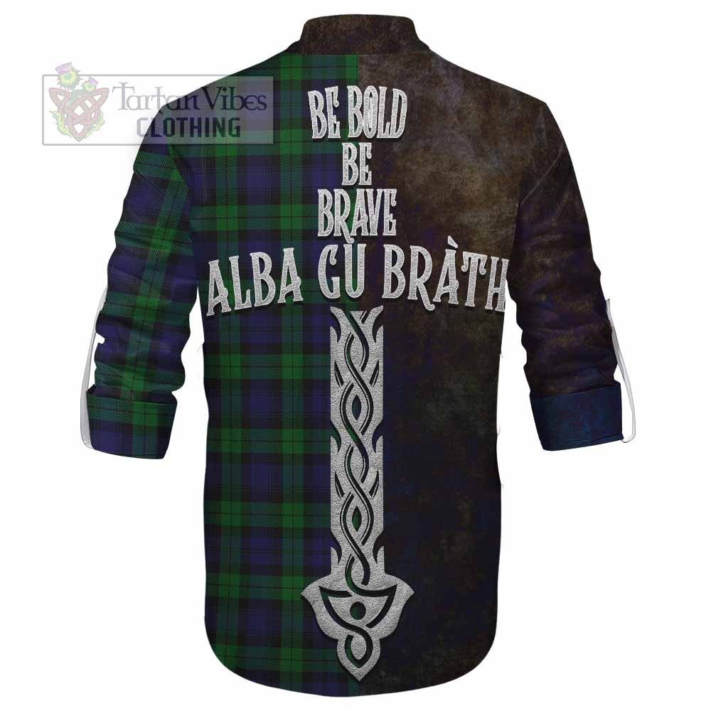 Tartan Vibes Clothing Black Watch Tartan Family Crest Ghillie Kilt Shirt Alba Gu Brath Be Brave Lion Ancient Style