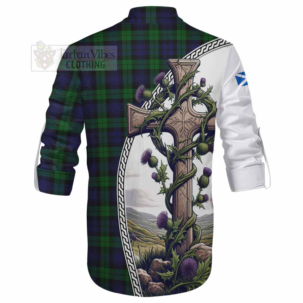 Tartan Vibes Clothing Black Watch Tartan Ghillie Kilt Shirt with Family Crest and St. Andrew's Cross Accented by Thistle Vines