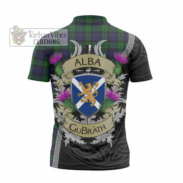 Black Watch Tartan Family Crest Zipper Polo Shirt Lion Rampant Royal Thistle Shield Celtic Inspired