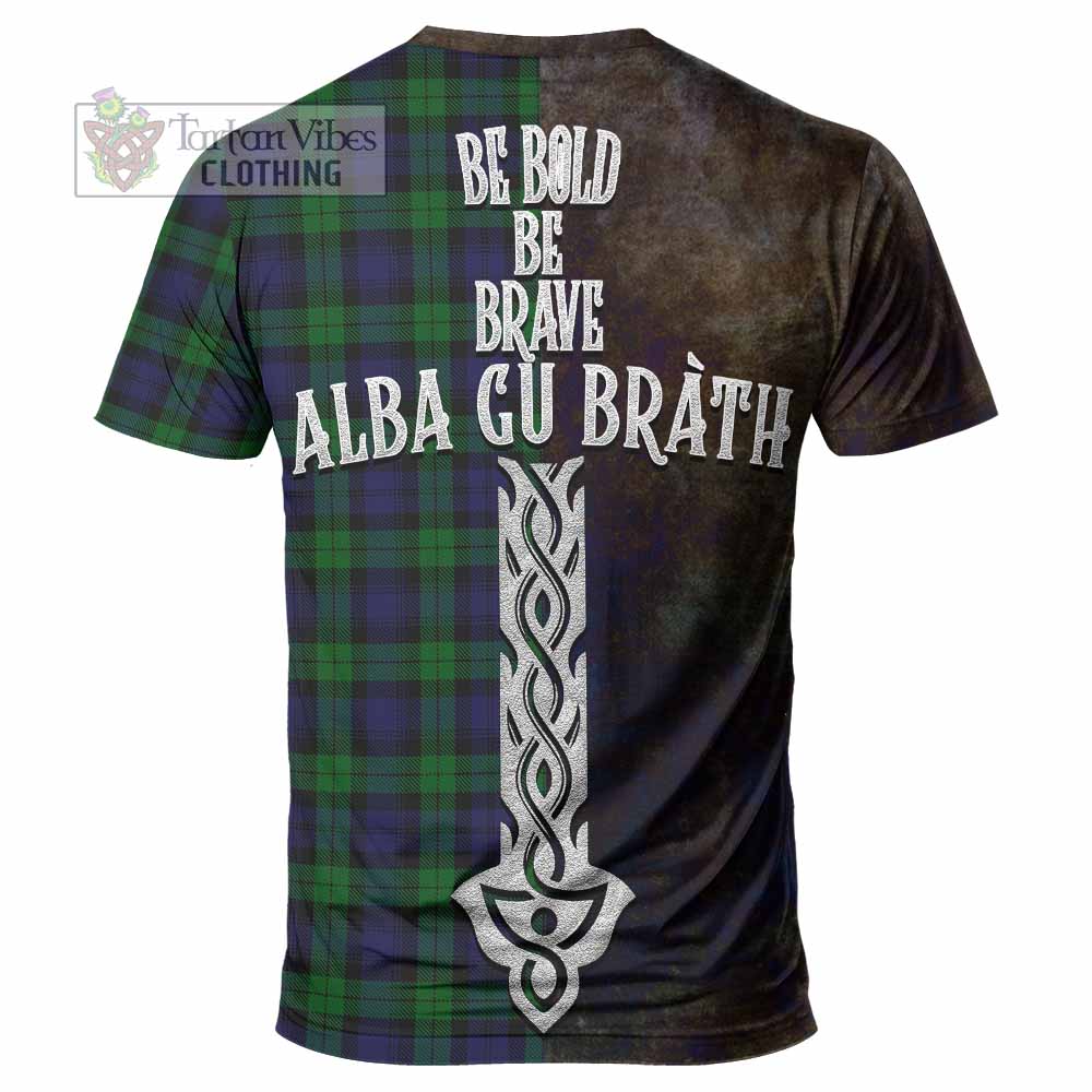 Tartan Vibes Clothing Black Watch Tartan Family Crest T-Shirt Alba Gu Brath Be Brave Lion Ancient Style