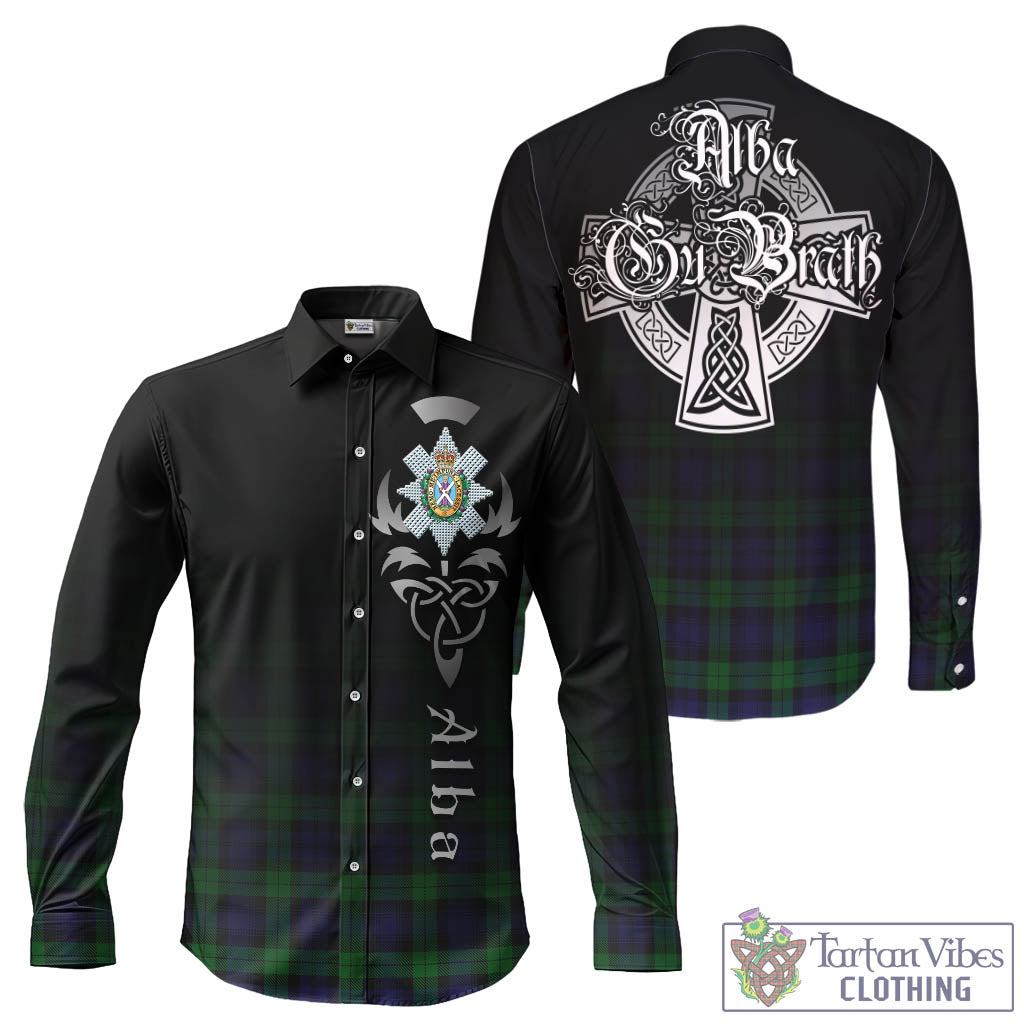 Tartan Vibes Clothing Black Watch Tartan Long Sleeve Button Up Featuring Alba Gu Brath Family Crest Celtic Inspired