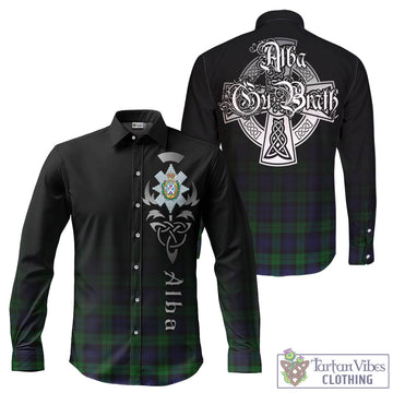 Black Watch Tartan Long Sleeve Button Up Featuring Alba Gu Brath Family Crest Celtic Inspired