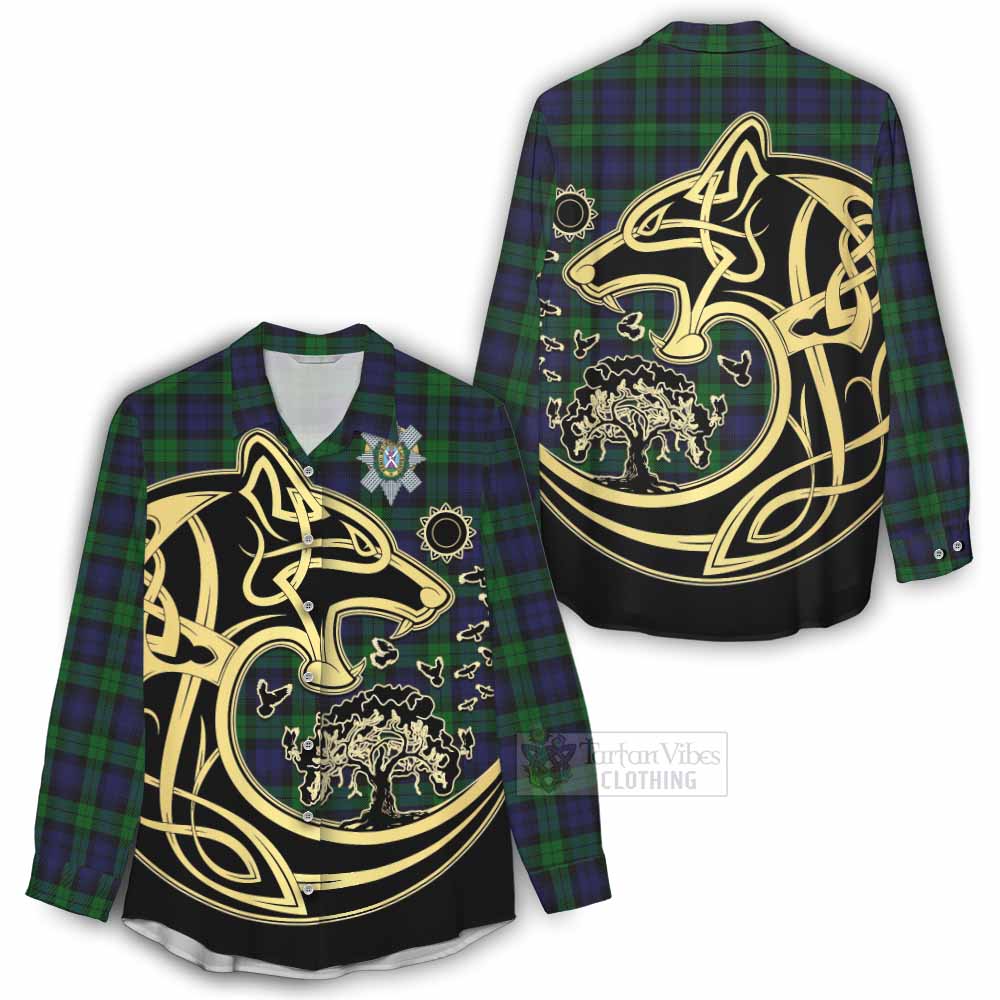 Tartan Vibes Clothing Black Watch Tartan Women's Casual Shirt with Family Crest Celtic Wolf Style