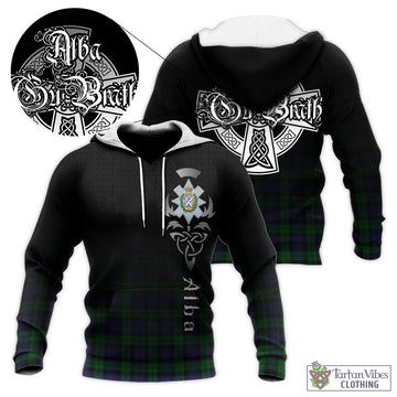 Black Watch Tartan Knitted Hoodie Featuring Alba Gu Brath Family Crest Celtic Inspired