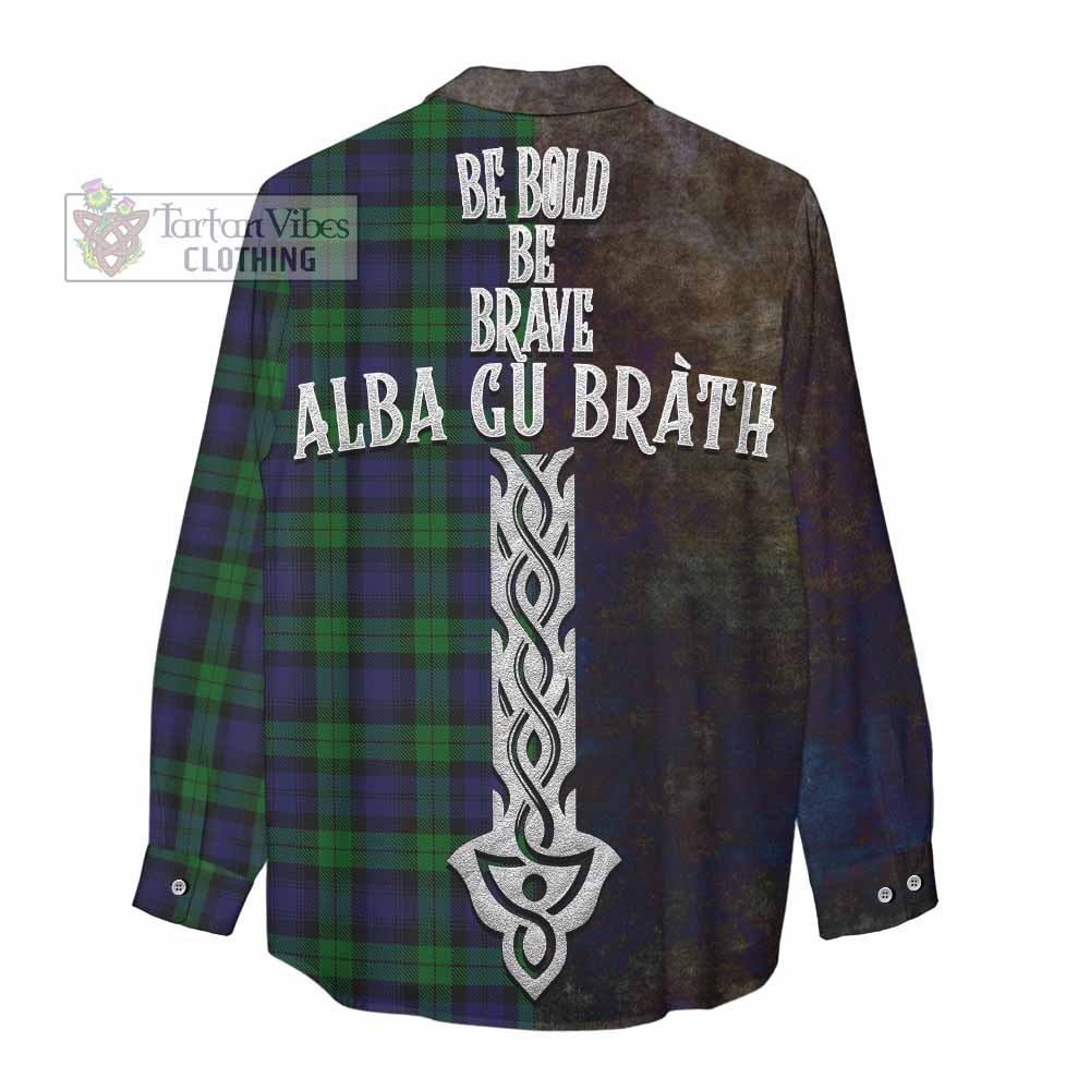 Tartan Vibes Clothing Black Watch Tartan Family Crest Women's Casual Shirt Alba Gu Brath Be Brave Lion Ancient Style