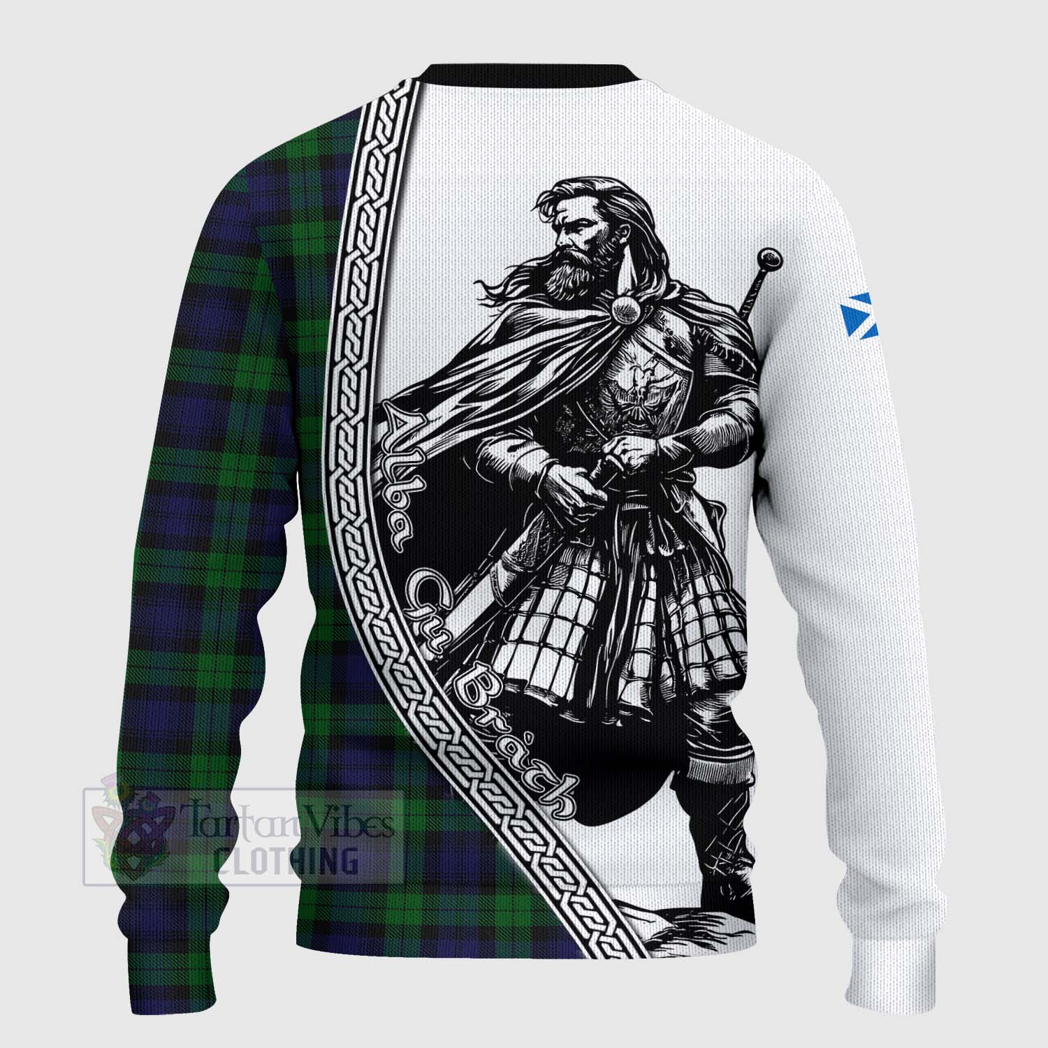 Tartan Vibes Clothing Black Watch Tartan Clan Crest Knitted Sweater with Highlander Warrior Celtic Style