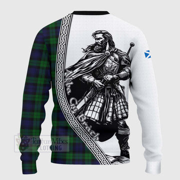 Tartan Vibes Clothing Black Watch Tartan Clan Crest Knitted Sweater with Highlander Warrior Celtic Style