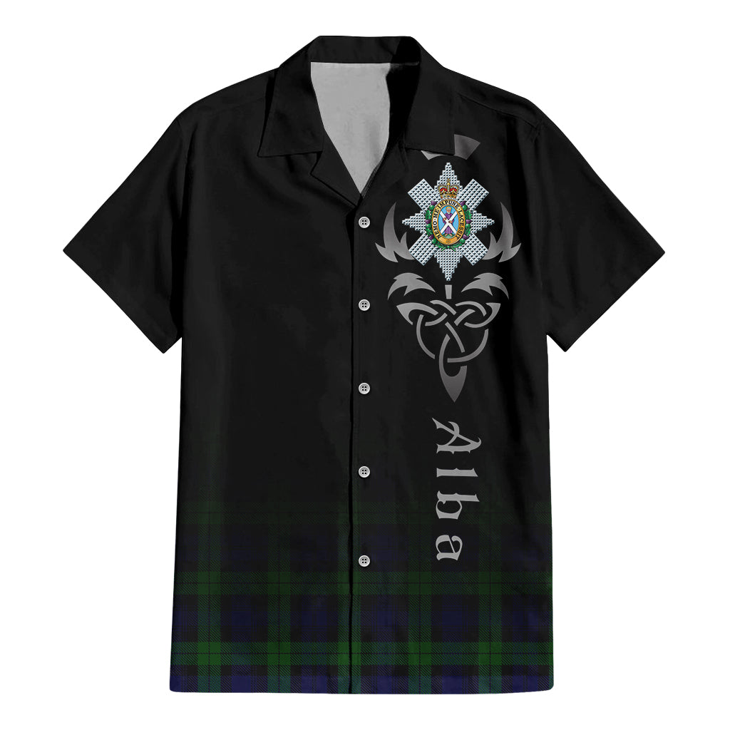 Tartan Vibes Clothing Black Watch Tartan Short Sleeve Button Up Featuring Alba Gu Brath Family Crest Celtic Inspired