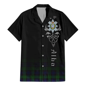 Tartan Vibes Clothing Black Watch Tartan Short Sleeve Button Up Featuring Alba Gu Brath Family Crest Celtic Inspired