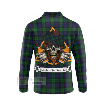 Black Watch Tartan Long Sleeve Polo Shirt with Family Crest and Bearded Skull Holding Bottles of Whiskey - Tartan Vibes Clothing