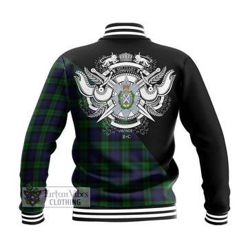 Black Watch Tartan Baseball Jacket with Family Crest and Military Logo Style - Tartanvibesclothing Shop