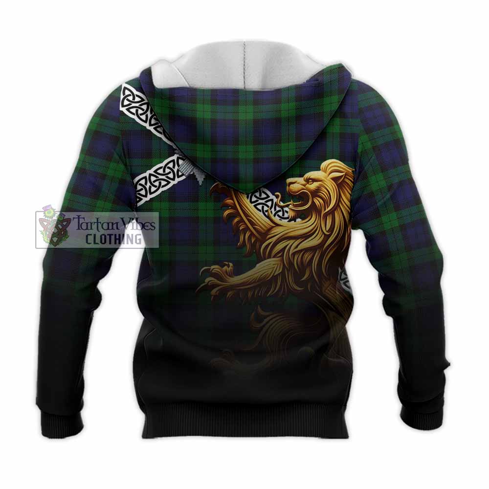 Tartan Vibes Clothing Black Watch Crest Tartan Knitted Hoodie with Golden Lion Emblem Celtic Style