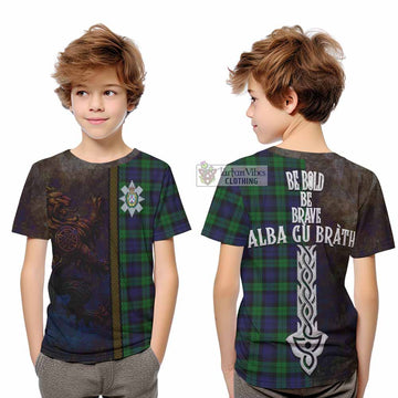 Tartan Vibes Clothing Black Watch Tartan Family Crest Kid T-Shirt Alba Gu Brath Be Brave Lion Ancient Style